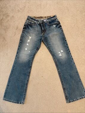 Express Men's Bootcut Distressed Blue Jeans
